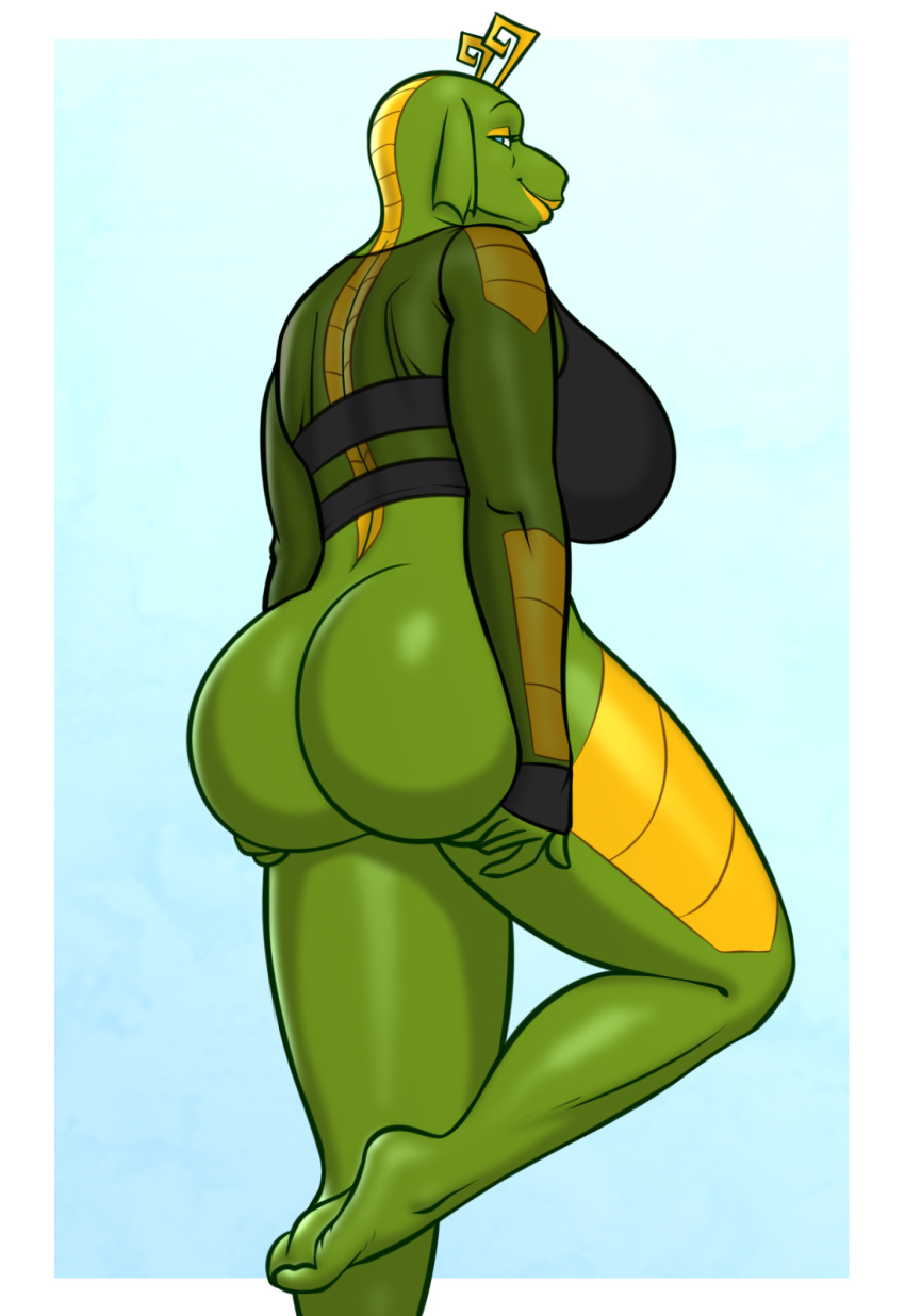 5_fingers alien border bottomless butt clothed clothing diva_(kostos_art) fingers green_body hi_res kostos_art lips solo topwear white_border yellow_body yellow_lips