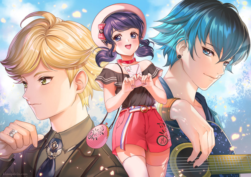 1girl 2boys adrien_agreste aqua_eyes bangs bare_shoulders belt black_hair black_nails blonde_hair blue_eyes blush bow breasts choker collarbone commentary day ear_piercing eyebrows_visible_through_hair french_commentary guitar hair_ornament holding_letter instrument jewelry kimopoleis long_hair looking_at_viewer marinette_dupain-cheng miraculous_ladybug multiple_boys necktie outdoors piercing pink_bow pink_choker pink_hair pink_shorts ring shorts smile thighhighs twintails uniform white_belt white_headwear white_legwear yellow_eyes