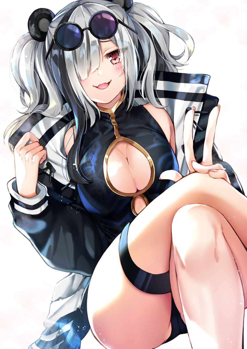 1girl :d absurdres animal_ears arknights ass black_dress black_jacket black_panties breasts cleavage cleavage_cutout commentary_request crossed_legs dress eyewear_on_head fangs feater_(arknights) gold_trim hair_over_one_eye highres jacket large_breasts long_hair looking_at_viewer multicolored_hair open_clothes open_jacket open_mouth panda_ears panties red_eyes round_eyewear short_dress silver_hair simple_background sitting sleeveless sleeveless_dress smile solo sunglasses thigh_strap thighs twintails two-tone_hair underwear v white_background yoshida_iyo