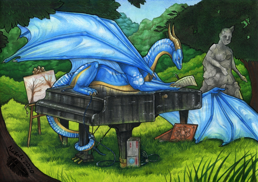 2020 ambiguous_gender blue_body blue_skin claws day detailed_background dragon feral horn keyboard_instrument membrane_(anatomy) membranous_wings musical_instrument natoli outside piano scalie sky solo traditional_media_(artwork) western_dragon wings