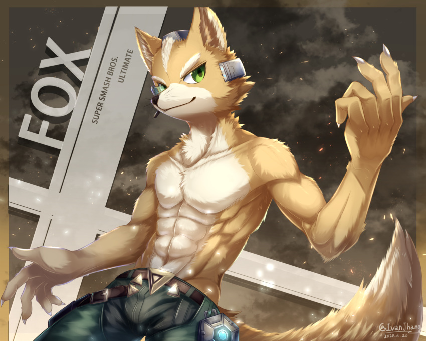 2020 5:4 abs alternate_version_at_source anthro belt bottomwear canid canine claws clothed clothing english_text fox fox_mccloud fur green_eyes hi_res ivan-jhang male mammal navel nintendo pants smile solo star_fox text topless video_games