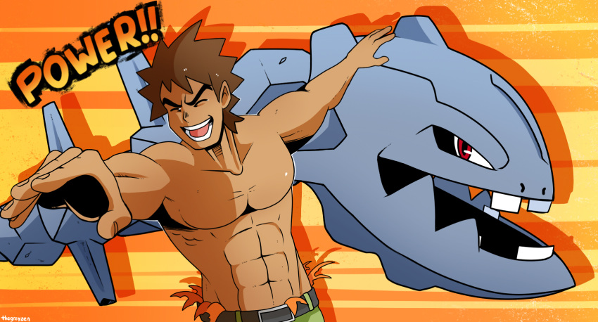 ! &gt;:d 2020 abs anime biceps bottomwear brock_(pok&eacute;mon) brown_body brown_hair brown_skin clothed clothing crossover english_text eyes_closed grey_body gym_leader hair hi_res human humor looking_at_viewer mammal manly metallic_body mirio_togata muscular my_hero_academia nintendo not_furry open_mouth orange_background pants pecs pink_tongue pok&eacute;mon pok&eacute;mon_(species) pose red_eyes simple_background size_difference smile steelix teeth text thegreyzen tongue topless triceps video_games