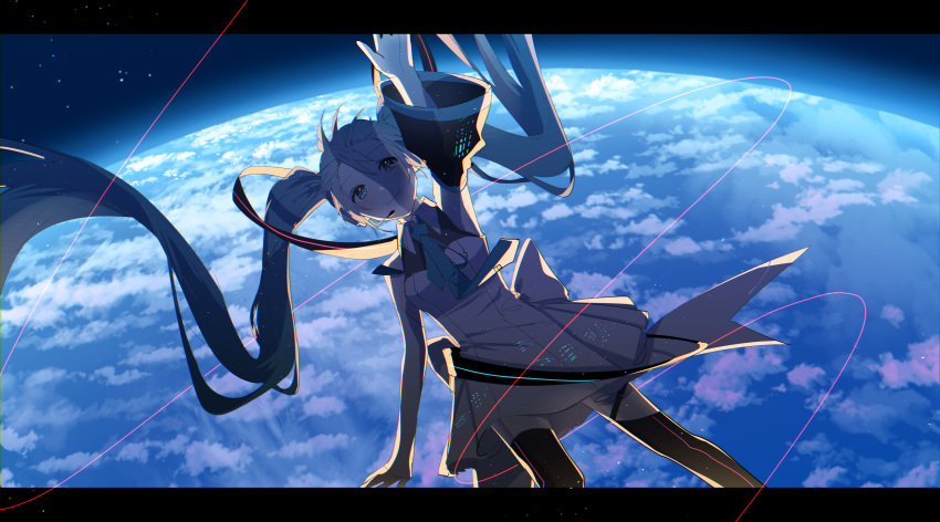 1girl absurdres aqua_eyes aqua_hair aqua_neckwear arm_up backlighting cable cloud cowboy_shot detached_sleeves dress earth hair_ornament hatsune_miku headphones headset highres long_hair mismatched_sleeves necktie re_eva scenery shirt sleeveless sleeveless_shirt smile space star_(sky) symbol_commentary thighhighs twintails very_long_hair vocaloid white_dress white_sleeves zettai_ryouiki