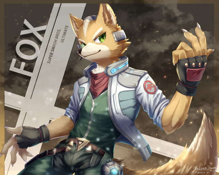 2020 5:4 alternate_version_at_source anthro belt bottomwear canid canine claws clothing english_text fingerless_gloves fox fox_mccloud fur gloves green_eyes handwear hi_res ivan-jhang jacket male mammal nintendo pants scarf smile solo star_fox text topwear video_games