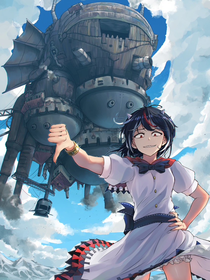 1girl absurdres black_hair bloomers blue_bow bow bracelet breasts buttons castle chimney chromatic_aberration cloud cloudy_sky directional_arrow dress evil_grin evil_smile grin hand_on_hip highres horns howl_no_ugoku_shiro huge_filesize jewelry kijin_seija looking_at_viewer mountain multicolored_hair red_eyes red_hair rooftop sash senzaicha_kasukadoki shade sharp_teeth short_hair short_sleeves sky small_breasts smile smoke sparkle streaked_hair teeth thumbs_down touhou tower underwear upside-down white_dress white_hair