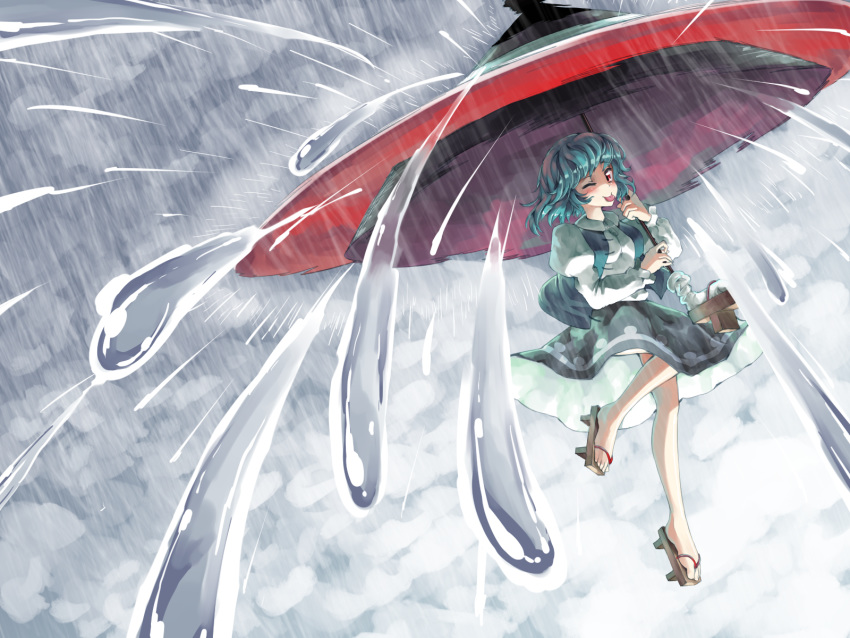 1girl :p aiming_at_viewer attack bare_legs blue_hair cloud cloudy_sky collar collared_shirt floating floating_hair grey_sky highres holding holding_umbrella juliet_sleeves karakasa_obake long_sleeves looking_at_viewer one_eye_closed puffy_sleeves rain red_eyes shaded_face shirt short_hair skirt sky spell_card sunyup tatara_kogasa tongue tongue_out touhou umbrella water