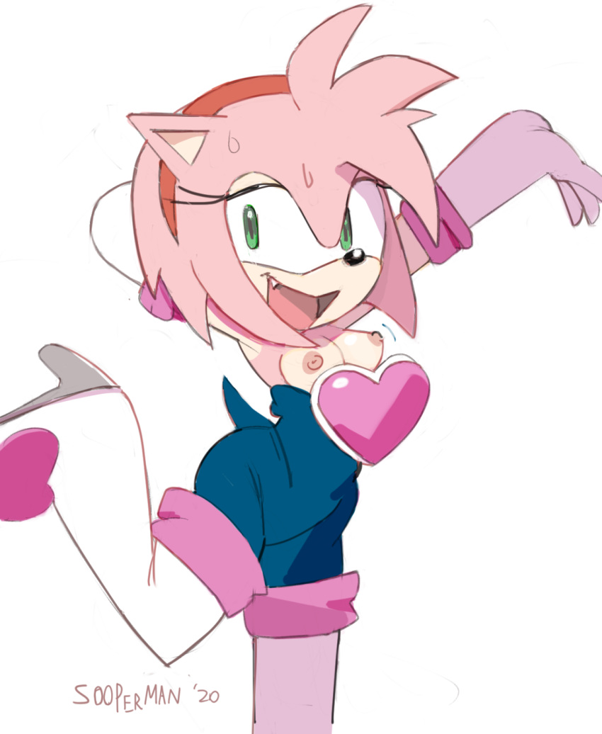 &lt;3 accessory amy_rose anthro boots breasts clothed clothing cosplay cute_fangs eulipotyphlan exposed_breasts female footwear fur green_eyes hair hair_accessory hairband hedgehog hi_res high_heels legwear mammal nipples pink_body pink_fur pink_hair rouge_the_bat shoes simple_background solo sonic_the_hedgehog_(series) sooperman thigh_boots thigh_highs white_background