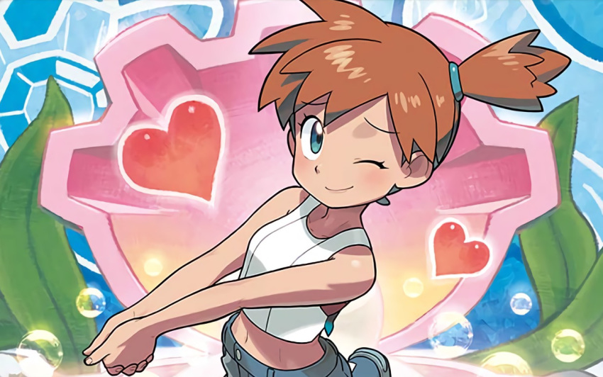 1girl ;) aqua_eyes blue_eyes breasts brown_hair bubble clam_shell closed_mouth floral_background flower gym_leader heart ishikawa_hideki kasumi_(pokemon) looking_at_viewer midriff navel official_art one_eye_closed orange_hair pokemon pokemon_(game) pokemon_lgpe pokemon_trading_card_game ponytail seaweed shoes short_hair shorts side_ponytail single_shoe small_breasts smile sneakers solo standing tank_top third-party_source tied_hair