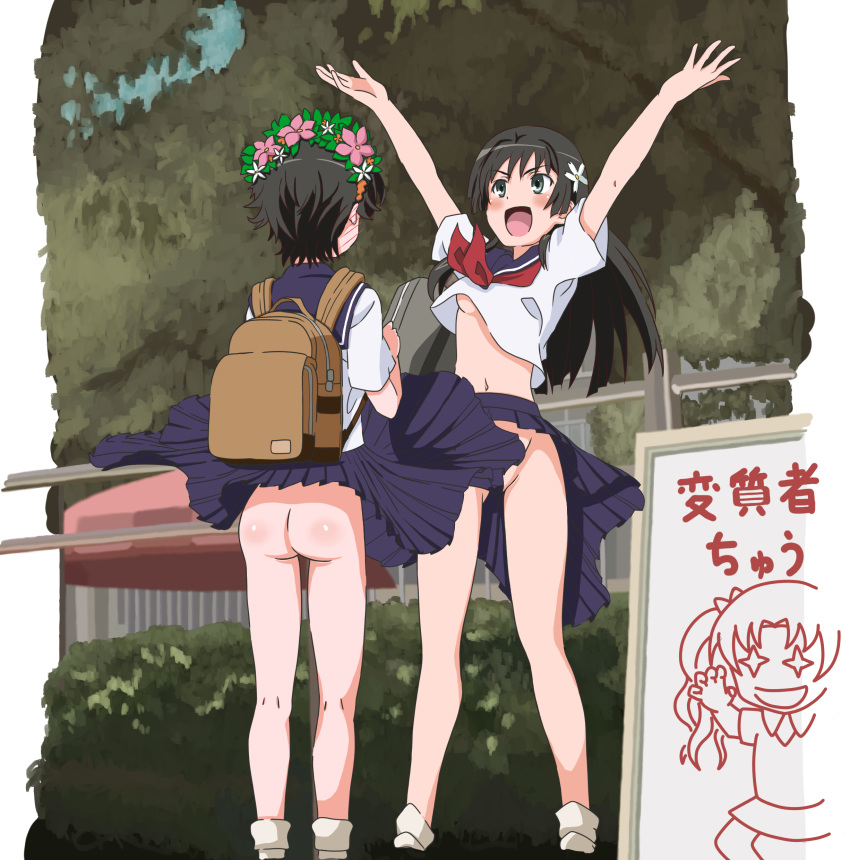 2girls :d absurdres arms_up ass assisted_exposure backpack bag bangs black_hair blue_skirt blush breasts brown_backpack commentary convenient_censoring facing_away fence flower foliage from_behind furrowed_eyebrows green_eyes groin hair_flower hair_ornament head_wreath highres long_hair multiple_girls neckerchief no_bra no_panties open_mouth pleated_skirt polka_dot red_neckwear sakugawa_school_uniform saten_ruiko school_bag school_uniform see-through serafuku shirai_kuroko shirt short_hair shouting sign skirt skirt_lift smile socks sparkling_eyes taketake_(ristclutch-exployder) to_aru_kagaku_no_railgun to_aru_majutsu_no_index translated tree uiharu_kazari underboob white_legwear white_shirt