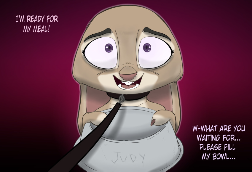 2020 anthro bowl buckteeth collar dialogue disney english_text female food_bowl fur grey_body grey_fur hi_res holding_object judy_hopps lagomorph leash leporid mammal marthasays open_mouth open_smile purple_background purple_eyes rabbit simple_background smile solo teeth text zootopia