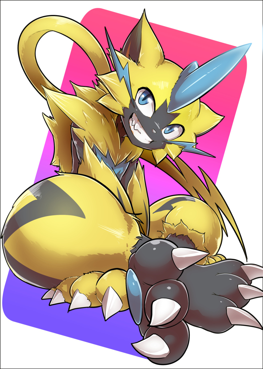 2018 3_toes abstract_background ambiguous_gender anthro blue_eyes blush claws digital_media_(artwork) felid fingers fur hi_res kicktyan legendary_pok&eacute;mon looking_at_viewer mammal multicolored_body multicolored_fur nintendo open_mouth pawpads paws pok&eacute;mon pok&eacute;mon_(species) simple_background solo toe_claws toes video_games zeraora