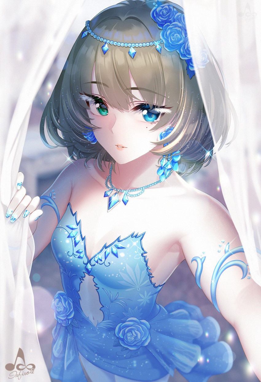 1girl armlet armpits bangs blue_dress blue_eyes blue_flower blurry blurry_background breasts cleavage collarbone curtains dress earrings eyebrows_visible_through_hair flower green_eyes green_hair hair_flower hair_ornament heterochromia highres idolmaster idolmaster_cinderella_girls infinote jewelry looking_at_viewer mole mole_under_eye nail_polish necklace parted_lips short_hair small_breasts solo strapless strapless_dress takagaki_kaede upper_body