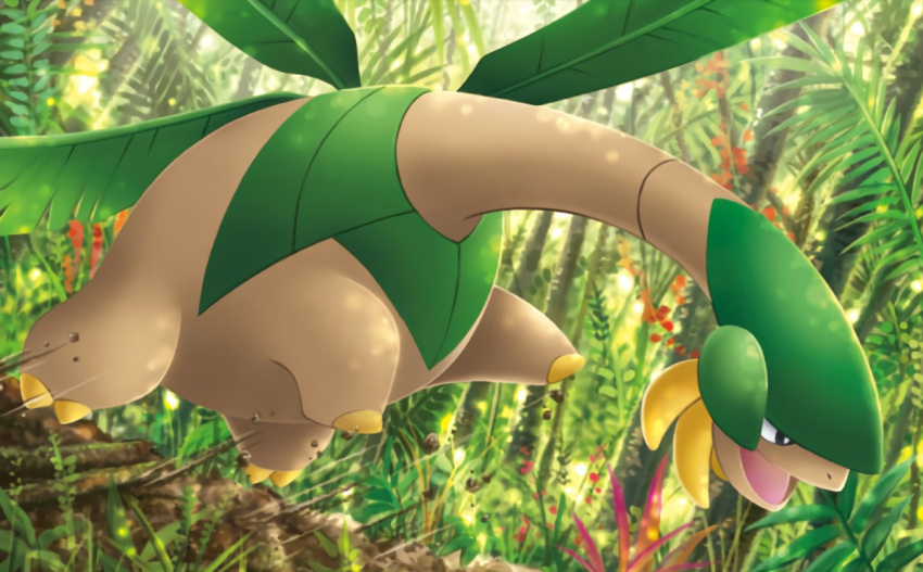 black_eyes claws creature flying forest full_body gen_3_pokemon himeno_kagemaru nature no_humans official_art open_mouth outdoors plant pokemon pokemon_(creature) pokemon_trading_card_game solo third-party_source tropius