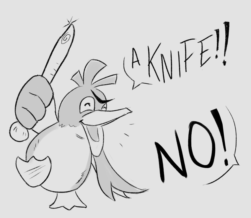2019 ambiguous_gender avian beak dialogue digital_drawing_(artwork) digital_media_(artwork) english_text eyes_closed farfetch'd grey_background greyscale hi_res holding_knife holding_object holding_weapon knife membrane_(anatomy) monochrome nintendo open_mouth open_smile pechi pok&eacute;mon pok&eacute;mon_(species) reaction_image simple_background sketch smile solo text unseen_character video_games weapon webbed_feet