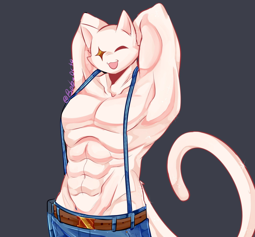 2020 abs anthro belt belt_buckle black_background bobaocto bottomwear clothing domestic_cat epic_games felid feline felis fortnite fur hands_behind_head hi_res jeans male mammal meowscles_(fortnite) muscular muscular_male pants pose signature simple_background solo sparkles video_games white_body white_fur