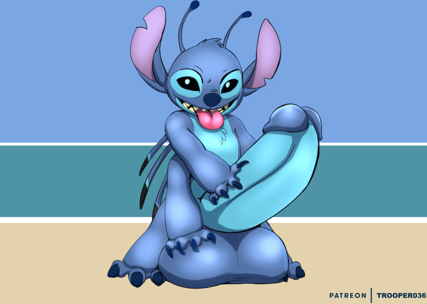 4_fingers 7:5 absurd_res alien antennae_(anatomy) back_spines balls big_balls big_penis black_eyes blue_body blue_claws blue_fur blue_nose blue_penis chest_tuft claws dipstick_antennae disney experiment_(lilo_and_stitch) fingers fur genitals grin head_tuft hi_res huge_balls huge_penis humanoid_genitalia humanoid_penis hyper hyper_balls hyper_genitalia hyper_penis lilo_and_stitch looking_at_viewer male multi_arm multi_limb multicolored_antennae notched_ear patreon penis simple_background smile solo stitch_(lilo_and_stitch) toe_claws tongue tongue_out trooper036 tuft