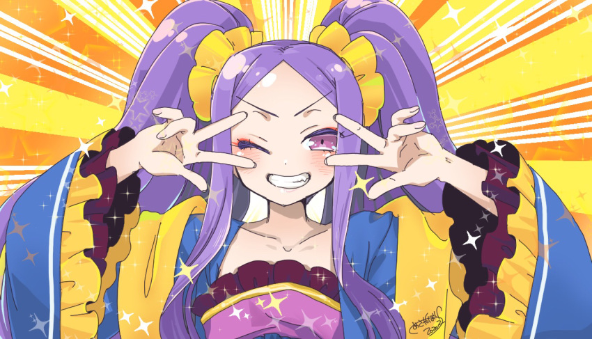 1girl artist_request bangs blush breasts chinese_clothes collarbone double_v dress emotional_engine_-_full_drive fate/grand_order fate_(series) forehead grin hair_ornament hair_scrunchie hands_up hanfu long_hair long_sleeves looking_at_viewer one_eye_closed parody parted_bangs purple_dress purple_eyes purple_hair scrunchie shawl sidelocks small_breasts smile solo sparkle star v wide_sleeves wu_zetian_(fate/grand_order) yellow_background yellow_scrunchie