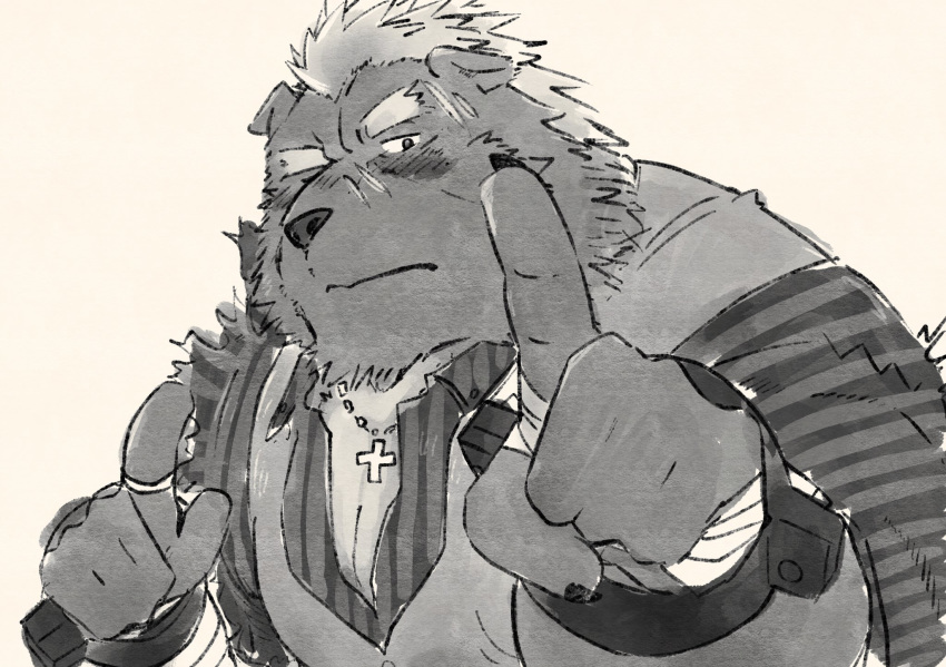 5_fingers anthro bandage barghest_(tas) barguest_(tas) blush clothing cross cross_necklace fingers fur gesture hair hi_res jewelry male mammal monochrome necklace one_eye_closed raised_index_finger ring sawch_cls scar shackles simple_background solo striped_shirt tokyo_afterschool_summoners topwear ursid vest video_games