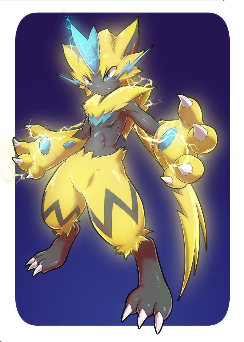 2018 3_toes 4_fingers ambiguous_gender anthro biped blue_eyes claws digital_media_(artwork) electricity felid fingers fur hi_res kicktyan legendary_pok&eacute;mon mammal multicolored_body multicolored_fur nintendo open_mouth pok&eacute;mon pok&eacute;mon_(species) simple_background solo standing toe_claws toes video_games zeraora