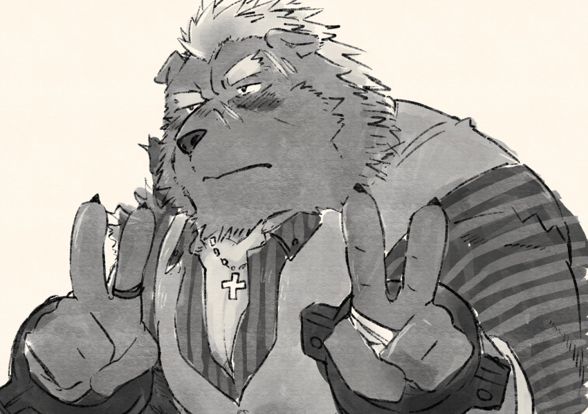 5_fingers anthro bandage barghest_(tas) barguest_(tas) blush clothing cross cross_necklace double_v_sign fingers fur gesture hair hi_res jewelry male mammal monochrome necklace ring sawch_cls scar shackles simple_background solo striped_shirt tokyo_afterschool_summoners topwear ursid v_sign vest video_games