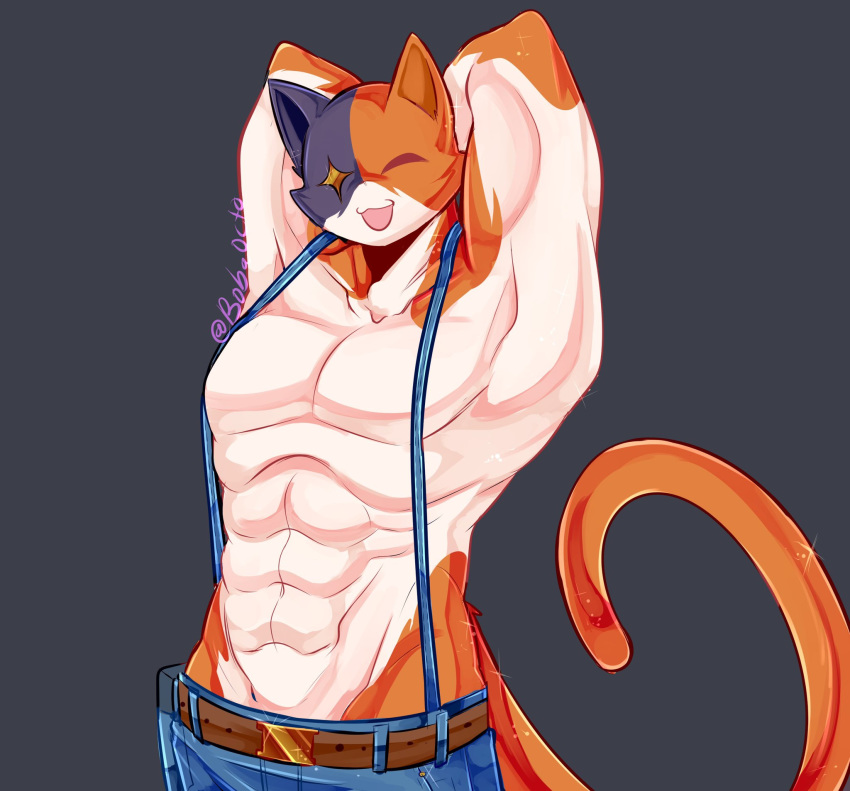 2020 abs anthro belt belt_buckle black_background black_body black_fur bobaocto bottomwear brown_body brown_fur calico_cat clothing domestic_cat epic_games felid feline felis fortnite fur hands_behind_head hi_res jeans male mammal meowscles_(fortnite) multicolored_body multicolored_fur muscular muscular_male pants pose signature simple_background solo sparkles video_games white_body white_fur