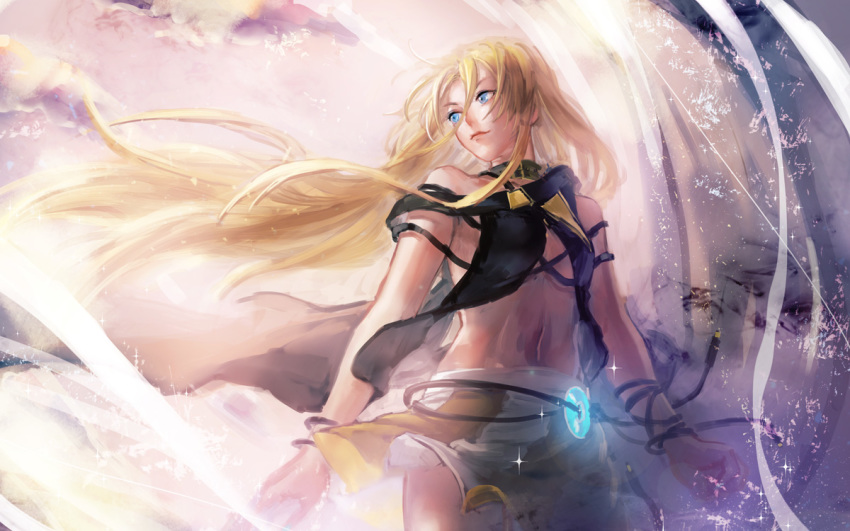 1girl black_collar blonde_hair blue_eyes bracelet cable cloud collar commentary cowboy_shot crop_top glowing jewelry lily_(vocaloid) long_hair looking_back midriff navel outdoors skirt solo very_long_hair vocaloid white_skirt yamakawa_umi
