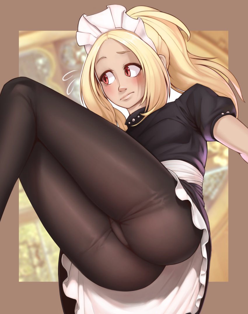 1girl absurdres ass blonde_hair breasts closed_mouth dark_skin gravity_daze highres kitten_(gravity_daze) legs long_hair maid nickleflick pantyhose ponytail red_eyes solo