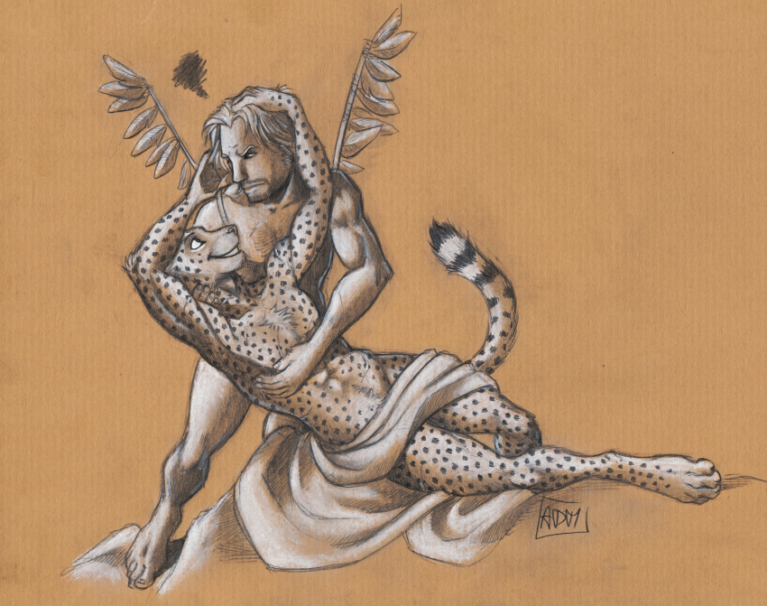 0laffson 2020 anthro cheetah duo enorach_(0laffson) eye_contact felid feline fur hi_res human lars_(0laffson) looking_at_another male mammal medieval nude sculpture simple_background smile spots spotted_body spotted_fur traditional_media_(artwork)