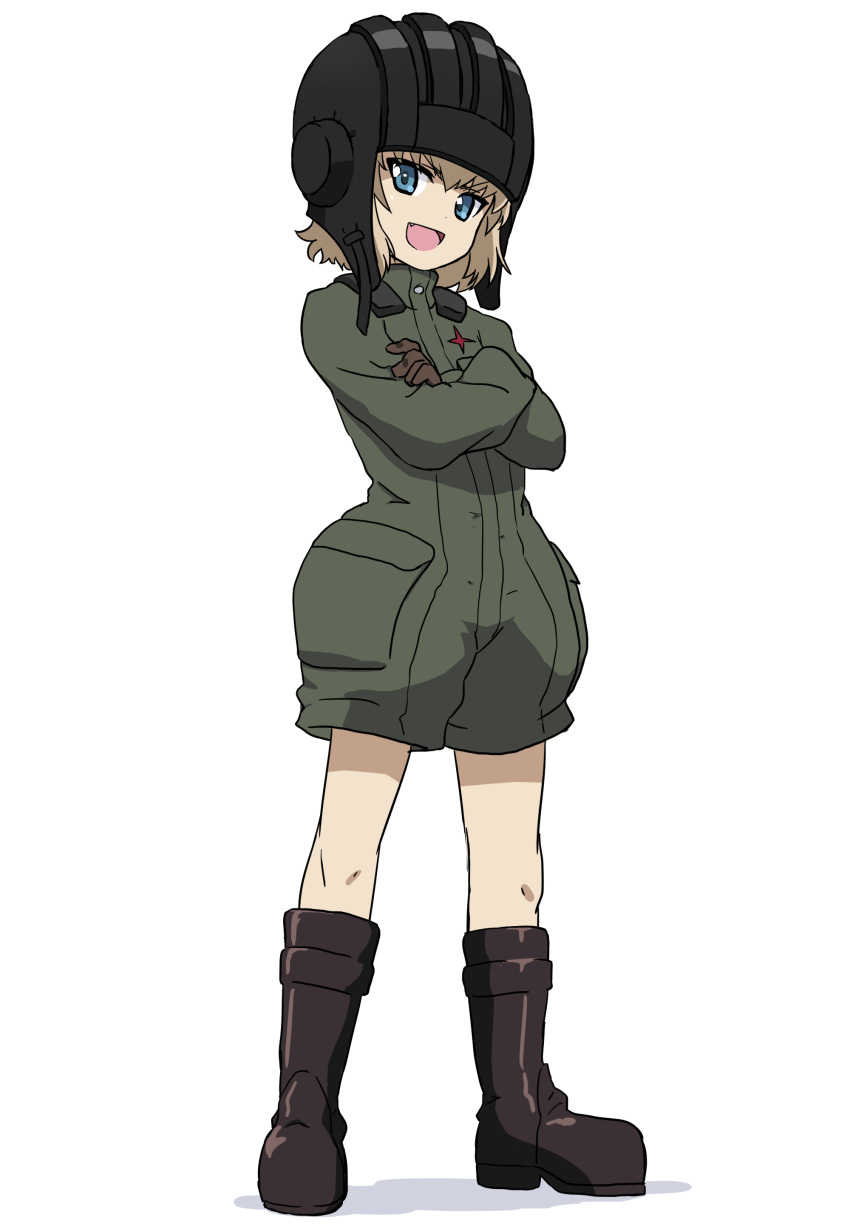 1girl absurdres bangs black_footwear black_gloves black_headwear blonde_hair blue_eyes boots commentary crossed_arms fang full_body girls_und_panzer gloves green_jumpsuit helmet highres insignia jumpsuit katyusha_(girls_und_panzer) kicchi_(tmgk) long_sleeves looking_at_viewer military military_uniform open_mouth pravda_military_uniform short_hair short_jumpsuit simple_background smirk smug solo standing tank_helmet uniform white_background