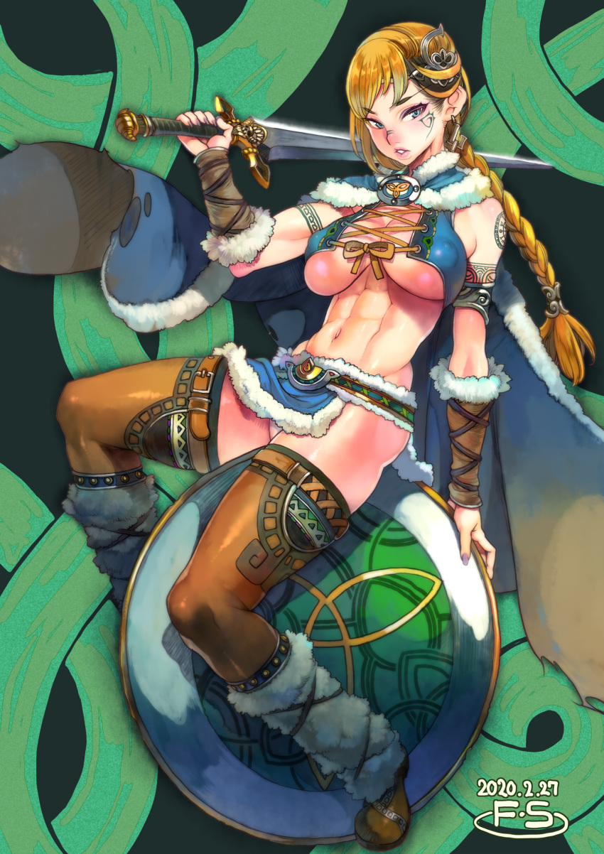 1girl abs bangs blonde_hair blue_eyes blush breasts covered_nipples f.s. fur_trim highres holding holding_sword holding_weapon large_breasts long_hair looking_at_viewer muscle muscular_female navel original panties parted_lips shiny shiny_hair shiny_skin sitting solo sword thighhighs underboob underwear warrior weapon