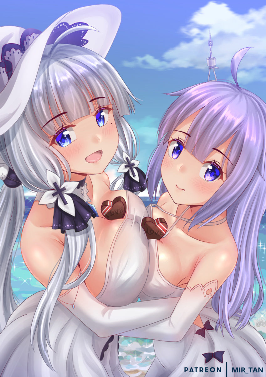 2girls asymmetrical_docking azur_lane bare_shoulders blue_eyes blue_skirt blush breast_press breasts candy chocolate chocolate_heart cleavage cloud dress elbow_gloves eyebrows_visible_through_hair food gloves hair_ornament hat heart highres illustrious_(azur_lane) large_breasts long_hair looking_at_viewer mir_fille_de_meiou mole mole_under_eye multiple_girls ocean open_mouth purple_eyes purple_hair skirt smile strapless strapless_dress symmetrical_docking unicorn_(azur_lane) valentine very_long_hair white_dress white_gloves white_hair white_headwear