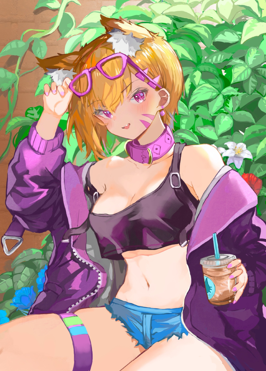 1girl animal_ear_fluff animal_ears arm_up bare_shoulders black_shirt blue_shorts breasts cleavage collar collarbone commentary_request crop_top crop_top_overhang cup cutoffs disposable_cup earrings extra_ears eyewear_on_head facial_mark fang fox_ears hand_on_eyewear highres holding holding_cup jacket jewelry large_breasts long_sleeves looking_at_viewer micro_shorts midriff navel off_shoulder open_clothes open_jacket open_mouth orange_hair original plant puffy_sleeves purple-framed_eyewear purple_eyes purple_jacket shirt short_hair shorts sitting skindentation sleeveless sleeveless_shirt smile solo sorotu stomach strap_slip sunglasses thigh_strap thighs