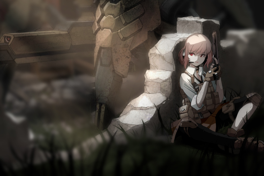 1girl absurdres against_wall ankle_boots belt_pouch blurry boots choker closed_mouth concrete depth_of_field dress_shirt eyelashes female_commander_(girls_frontline) finger_on_trigger fingerless_gloves gentiane_(girls_frontline) girls_frontline gloves grass gun headset hiding highres holding holding_gun holding_weapon knee_pads lips looking_to_the_side manticore_(girls_frontline) mecha medium_hair outdoors pink_hair popped_button pouch red_eyes rkfjfjf119 robot rubble sack shirt shooting_gloves sitting solo spider_tank sunlight tactical_clothes thigh_pouch thigh_strap tsurime vest_pouch wall weapon weapon_request white_shirt