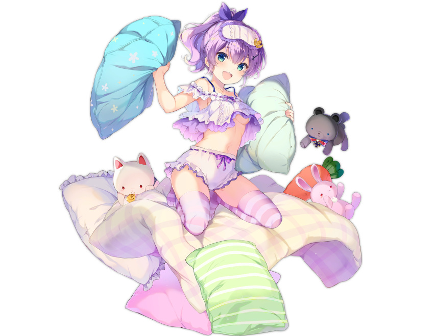 anthropomorphism azur_lane breasts bunny green_eyes javelin_(azur_lane) mask navel ohara_tometa pajamas ponytail purple_hair shirt_lift shorts teddy_bear thighhighs underboob white