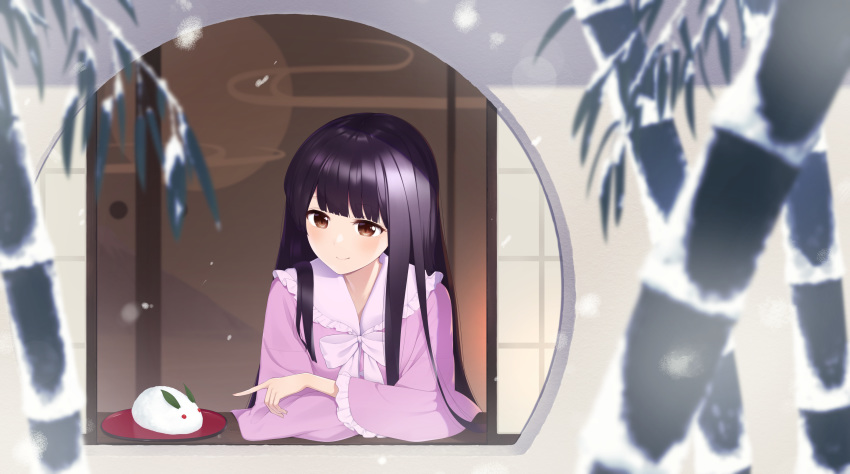 1girl absurdres bamboo bangs black_hair blouse blunt_bangs blurry blurry_foreground commentary depth_of_field fusuma head_tilt highres houraisan_kaguya kanpa_(campagne_9) light_blush long_hair long_sleeves looking_at_viewer looking_out_window open_window outdoors pink_blouse pointing red_eyes round_window sidelocks sliding_doors smile snow snow_bunny snowing solo touhou very_long_hair window