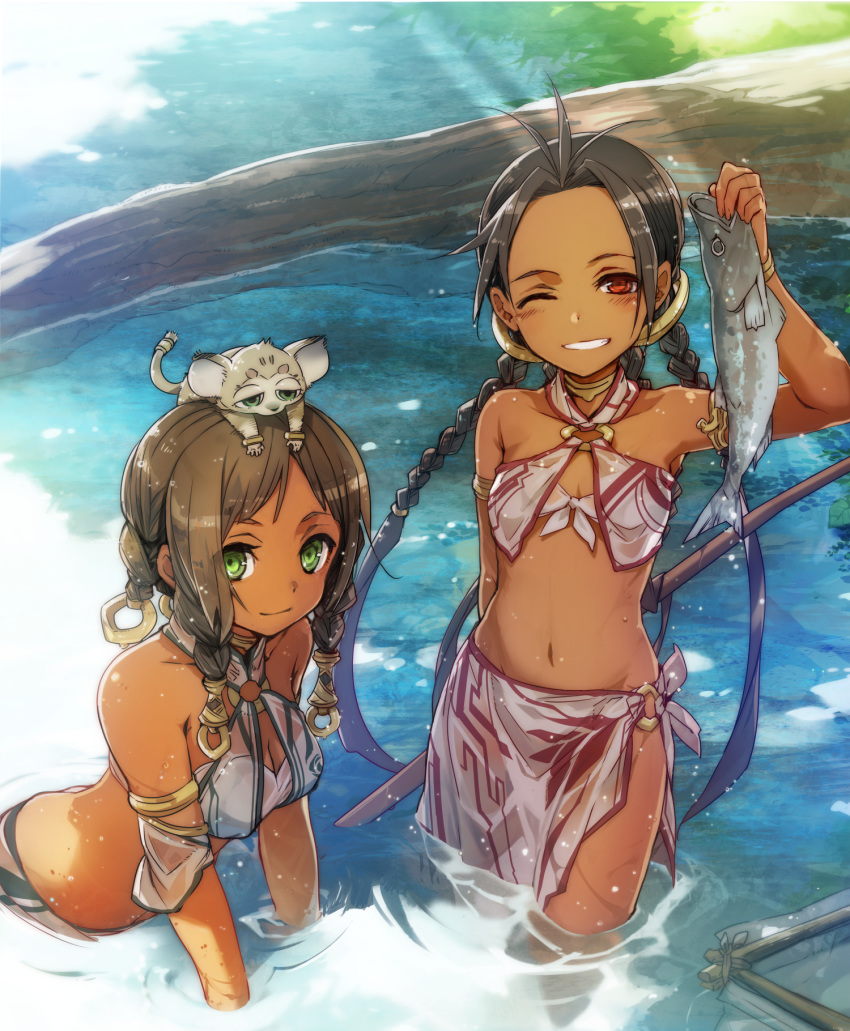 2girls animal armlet bangs bare_shoulders black_hair blush bracelet braid breasts brown_hair bunbun cleavage dark_skin fish green_eyes grin groin hair_ornament highres jewelry long_hair looking_at_viewer multiple_girls navel o-ring o-ring_bottom o-ring_top one_eye_closed original parted_bangs partially_submerged polearm red_eyes sarong small_breasts smile tan twin_braids very_long_hair wading weapon wet