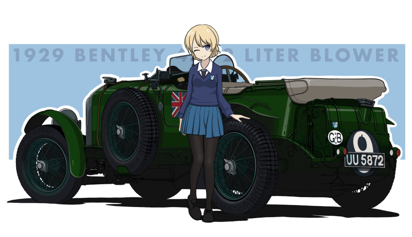 1girl ;) bangs bentley_blower black_footwear black_legwear black_neckwear blonde_hair blue_eyes blue_skirt blue_sweater braid car closed_mouth commentary country_connection darjeeling_(girls_und_panzer) dress_shirt emblem girls_und_panzer ground_vehicle heel_up highres kano_(nakanotakahiro1029) loafers long_sleeves looking_at_viewer miniskirt motor_vehicle necktie one_eye_closed outline pantyhose pleated_skirt school_uniform shadow shirt shoes short_hair skirt smile solo st._gloriana's_(emblem) st._gloriana's_school_uniform standing sweater tied_hair twin_braids union_jack v-neck white_outline white_shirt wing_collar