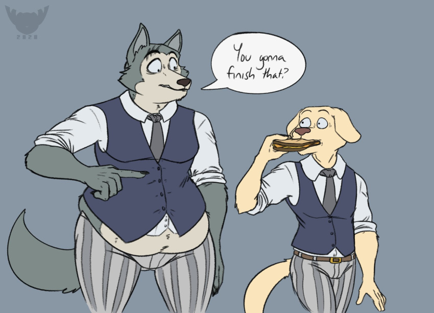 2020 anthro basicbiscuit beastars belly big_belly bird_dog canid canine canis clothing domestic_dog duo facial_scar food fur grey_background grey_body grey_fur hi_res hunting_dog jack_(beastars) labrador legoshi_(beastars) male mammal overweight retriever sandwich_(food) scar school_uniform simple_background speech_bubble text uniform wolf yellow_body yellow_fur