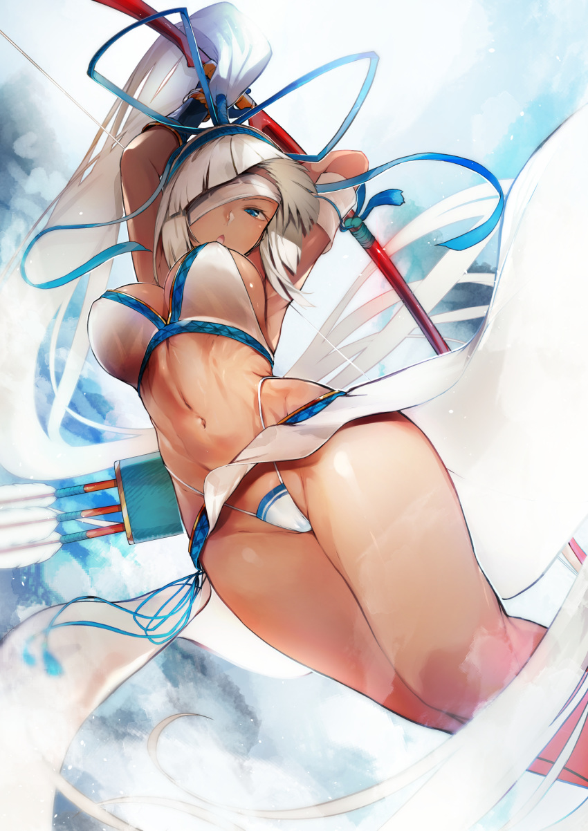 1girl armband armpits arms_up bandage_over_one_eye bangs bikini blue_eyes blue_sky blunt_bangs bow_(weapon) breasts cleavage cloud commentary_request dark_skin feet_out_of_frame hair_ribbon hairband highleg highleg_bikini highres large_breasts majikina_mina navel nishiide_kengorou ponytail quiver ribbon samurai_spirits sarong side-tie_skirt sideboob sky swimsuit weapon white_hair white_sarong