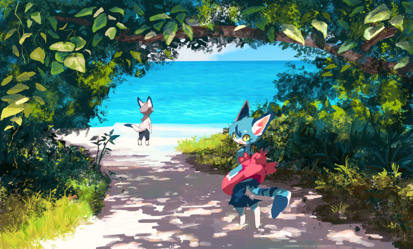 anthro beach blue_body blue_fur bottomwear child clothing cub day felid fur hi_res hybrid inner_tube kemono light mammal nature outside rady-wolf sea seaside shorts slit_pupils sunlight swimming_trunks swimwear water yellow_eyes young