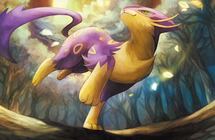 closed_mouth cloud cloudy_sky creature forest full_body gen_5_pokemon green_eyes liepard nature no_humans official_art outdoors pokemon pokemon_(creature) pokemon_trading_card_game running sky solo sui_(petit_comet) third-party_source tree