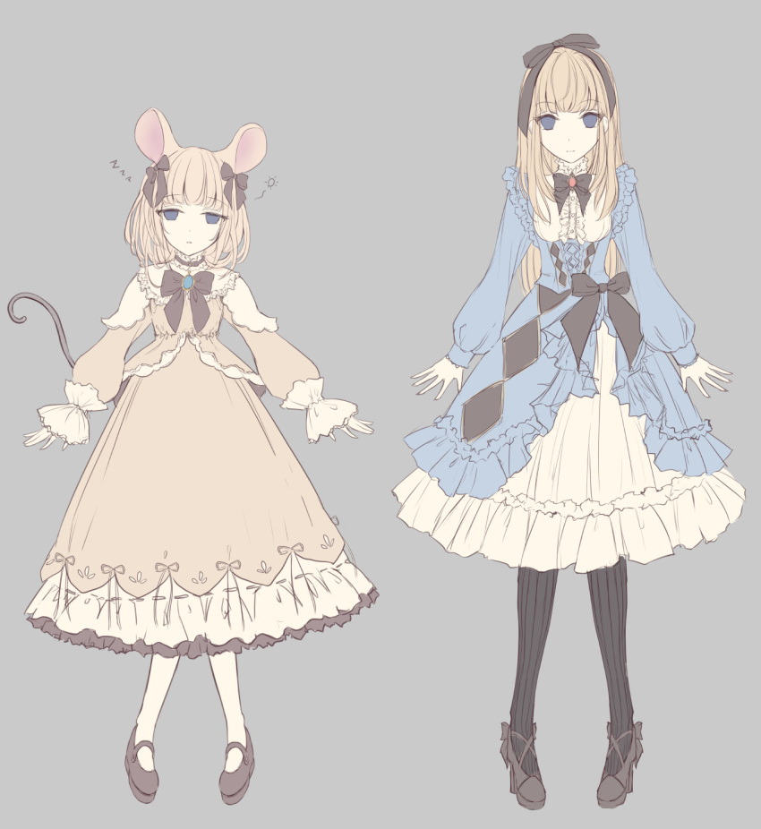2girls animal_ears black_bow black_footwear black_legwear blonde_hair blue_dress blue_eyes bow brooch brown_dress brown_shirt closed_mouth dress frilled_dress frills hair_bow half-closed_eyes high_heels highres jewelry light_brown_hair lolita_fashion long_hair long_sleeves missile228 mouse_ears mouse_girl mouse_tail multiple_girls original pantyhose parted_lips puffy_long_sleeves puffy_sleeves ribbed_legwear shirt shoes sleeves_past_wrists tail very_long_hair white_legwear zzz