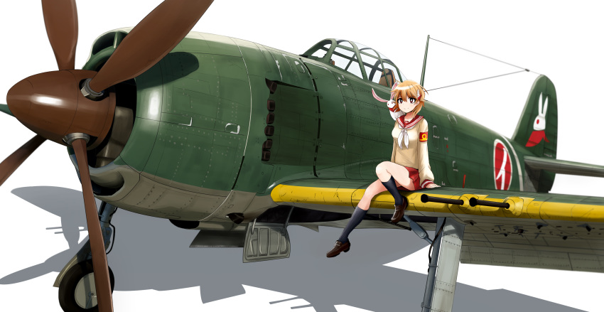 1girl aircraft airplane animal_on_shoulder bangs black_footwear black_legwear blouse blurry blurry_background bright_pupils bunny closed_mouth commentary depth_of_field eyebrows_visible_through_hair foreshortening hagoromo_maki highres j7w_shinden kk90 leg_up light_brown_hair loafers long_sleeves looking_at_viewer military military_vehicle miniskirt neckerchief pleated_skirt red_eyes red_skirt roundel school_uniform serafuku shadow shidenkai_no_maki shoes short_hair simple_background sitting skirt smile socks solo white_background white_blouse white_neckwear white_pupils