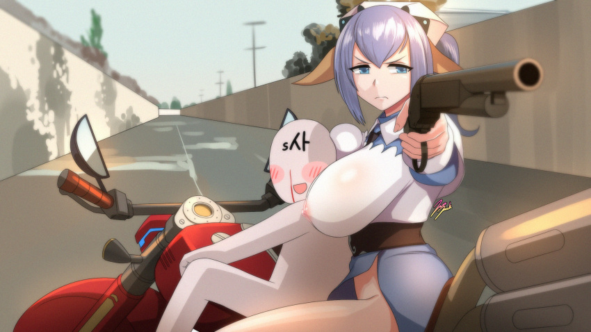 1girl blood blue_eyes blue_hair blue_skirt blush breasts faceless ground_vehicle gun highres huge_breasts jazzjack korean_text last_origin maria_of_penance motor_vehicle motorcycle nipples nosebleed open_mouth parody shotgun side_slit skirt smile terminator terminator_2:_judgment_day weapon