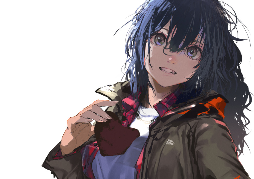 1girl blue_hair breasts candy chocolate chocolate_heart food grey_eyes grin hair_between_eyes heart highres jacket jewelry kiriyama long_hair looking_at_viewer necklace original simple_background smile solo white_background