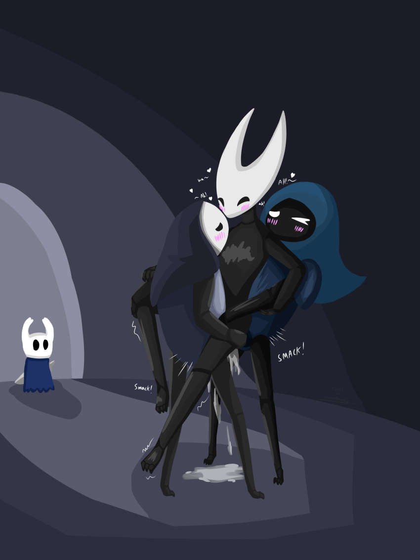 3:4 arthropod being_watched black_eyes blush bodily_fluids carrying cum dialogue double double_penetration female genital_fluids group group_sex hi_res hollow_knight hood hornet_(hollow_knight) insect leg_grab looking_at_another male male/female motion_lines nude one_eye_close penetration protagonist_(hollow_knight) quirrel_(hollow_knight) sandwich_position sex shaking standing team_cherry tiso_(hollow_knight) trembling video_games