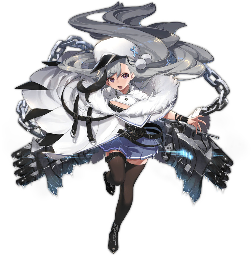1girl :d azur_lane black_footwear blue_skirt breasts brown_legwear chain cleavage floating_hair frozen full_body fur_collar grey_hair hat highres leg_belt leg_up long_hair looking_at_viewer machinery medium_breasts miniskirt minsk_(azur_lane) multicolored_hair official_art open_mouth outstretched_arm peaked_cap pleated_skirt pom_pom_(clothes) purple_eyes shirt shisantian skirt smile solo standing standing_on_one_leg streaked_hair thighhighs torpedo_tubes transparent_background turret very_long_hair white_headwear white_shirt zettai_ryouiki