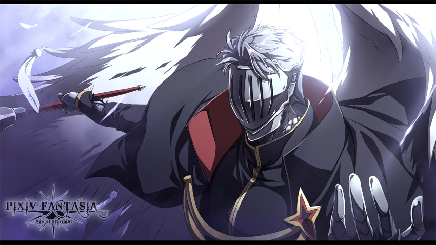 1boy armor copyright_name facing_viewer gauntlets grey_hair helmet highres holding holding_spear holding_weapon killingrock male_focus pixiv_fantasia pixiv_fantasia_age_of_starlight polearm solo spear theodoros_the_merciless upper_body weapon white_feathers white_wings wings