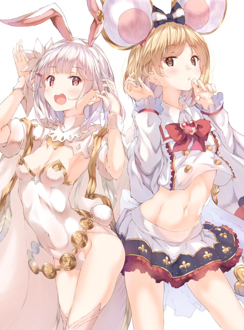 2girls absurdres alternate_costume animal_ears bangs belt blonde_hair blush breasts brown_eyes bunny_ears bunny_tail buttons cape cosplay costume_switch covered_navel djeeta_(granblue_fantasy) ear fake_animal_ears flower granblue_fantasy hair_flower hair_ornament hairband hairclip hands_up highleg highleg_leotard highres jewelry leotard long_sleeves looking_at_viewer midriff mouse_ears multiple_girls navel open_mouth pendant red_eyes sage_(granblue_fantasy) shirt short_hair simple_background skirt small_breasts swept_bangs tail thighhighs thighs ukiwakisen upper_body vikala_(granblue_fantasy) white_background white_cape white_hair white_legwear white_leotard white_shirt white_skirt wrist_cuffs