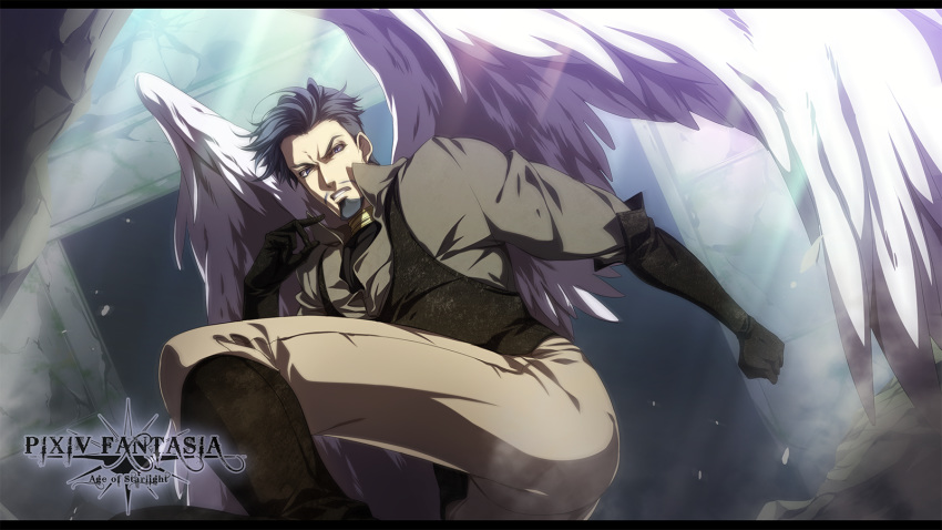 1boy beard black_gloves black_hair boots clenched_hand copyright_name day dutch_angle facial_hair gloves highres jacket killingrock looking_at_viewer menon_papandreou pants pixiv_fantasia pixiv_fantasia_age_of_starlight solo standing sunlight white_wings wings